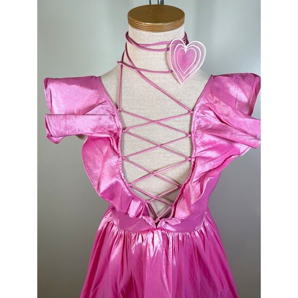 For Love & Lemons Lala Lace Up Heart Choker Ruffle Pink Mini Dress Size S - Picture 7 of 12